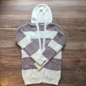 White /Maroon Striped Love Culture Hooded Cardigan